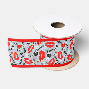 Ruban En Satin Coeurs, rouge, noir, empreintes de lèvres, baiser