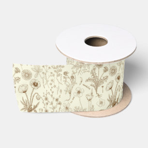 Ruban En Satin Collage de fleurs sauvages / beige et sépia