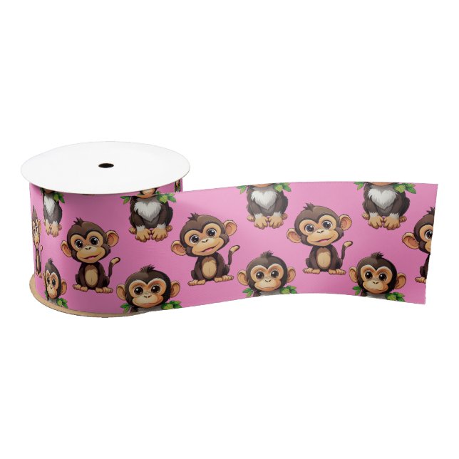 Ruban En Satin Conception de motif singe rose  (Bobine)