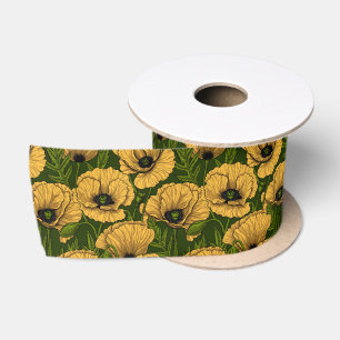 Ruban En Satin Coquelicots jaunes sur vert foncé