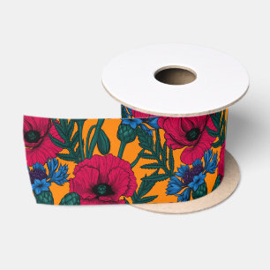 Ruban En Satin Coquelicots rouges et fleurs de maïs bleues sur or