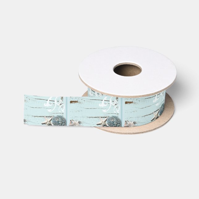 Ruban En Satin Côté aqua bleu plage bois étoile coquillage (Bobine)