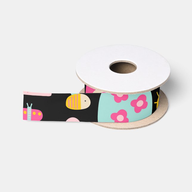 Ruban En Satin Couleurs Enfants Pastel sur Black Cute Animaux (Bobine)