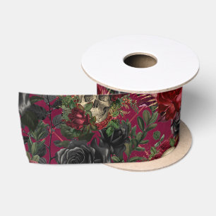 Ruban En Satin Crâne gothique vintage et Rose rouge et noir