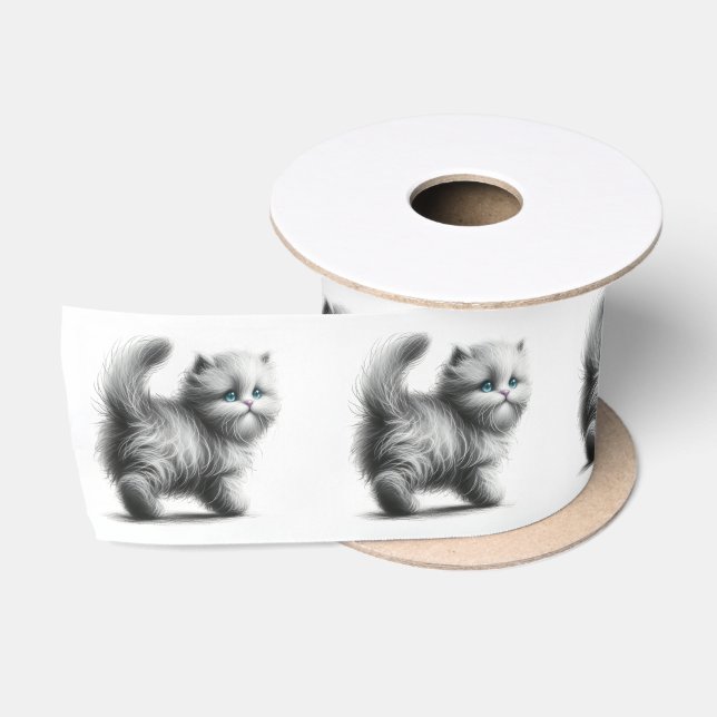 Ruban En Satin Croquis de chaton en blanc (Bobine)