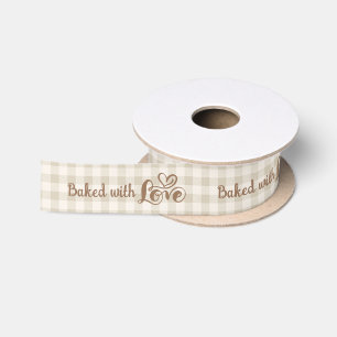 Ruban En Satin Cuisiné avec amour Gingham neutre cœur en script