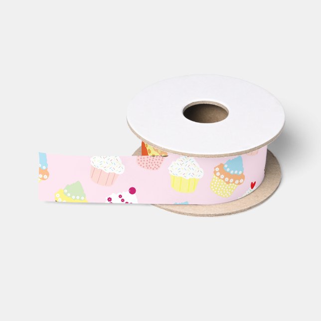 RUBAN EN SATIN CUPCAKES MOTIF ROSE (Bobine)