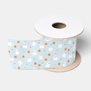 Ruban En Satin Cute Fantôme et Citrouille Motif d'Halloween bleu