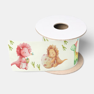 Ruban En Satin Cute Friendly Dinosaures Green Satin Ribbon