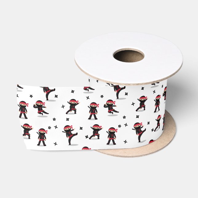 Ruban En Satin Cute Ninja Guerrier Enfants Noir & Rouge Motif (Bobine)