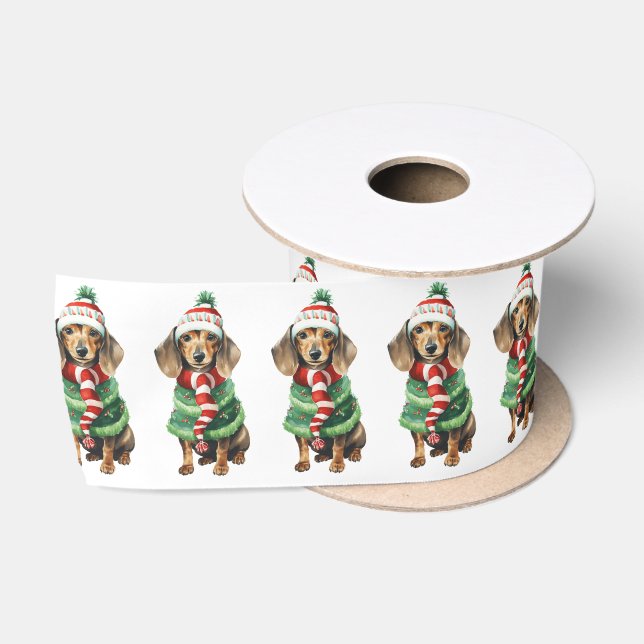 Ruban En Satin Dachshund De Noël Avec Écharpe D'Hiver (Bobine)
