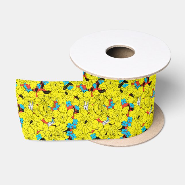 Ruban En Satin Daffodiques motif floral printanier (Bobine)