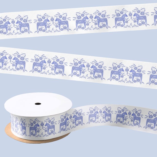 Ruban En Satin Dala suédois Cheval bleu et blanc Art populaire (Swedish Dala Horse blue and white satin ribbon)