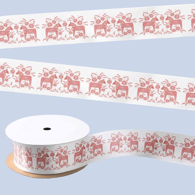 Ruban En Satin Dala suédois Cheval Rouge et Blanc Art populaire (Swedish Dala Horse red and white festive satin ribbon)