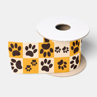 Ruban En Satin Damier Empreinte de Patte de Chat Jaune Ensoleillé