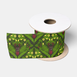 Ruban En Satin Dendroctones et fougères, feuilles verts