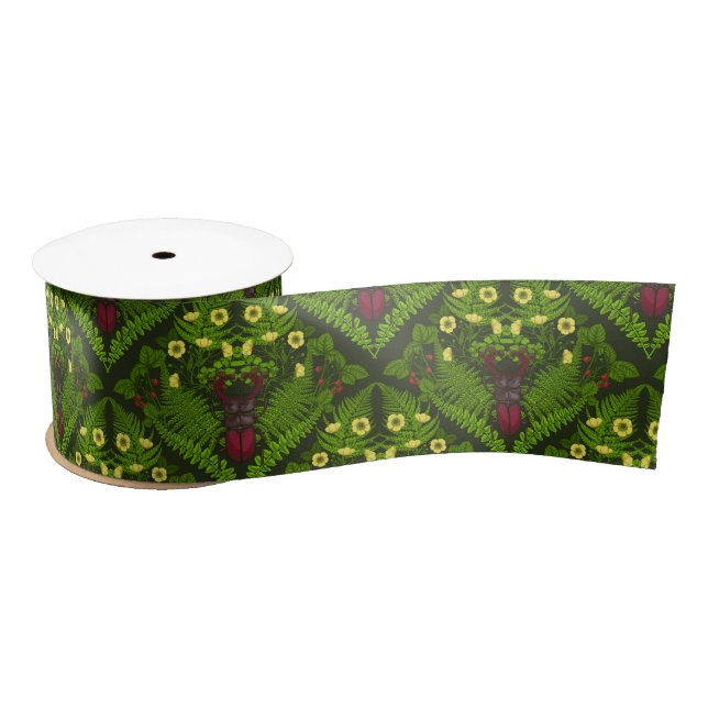 Ruban En Satin Dendroctones et fougères, feuilles verts (Bobine)