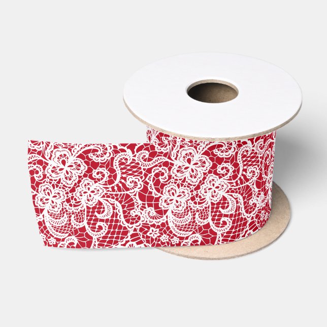 Ruban En Satin Dentelle blanche sur rouge (Bobine)
