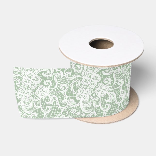 Ruban En Satin Dentelle blanche sur Sage Green (Bobine)