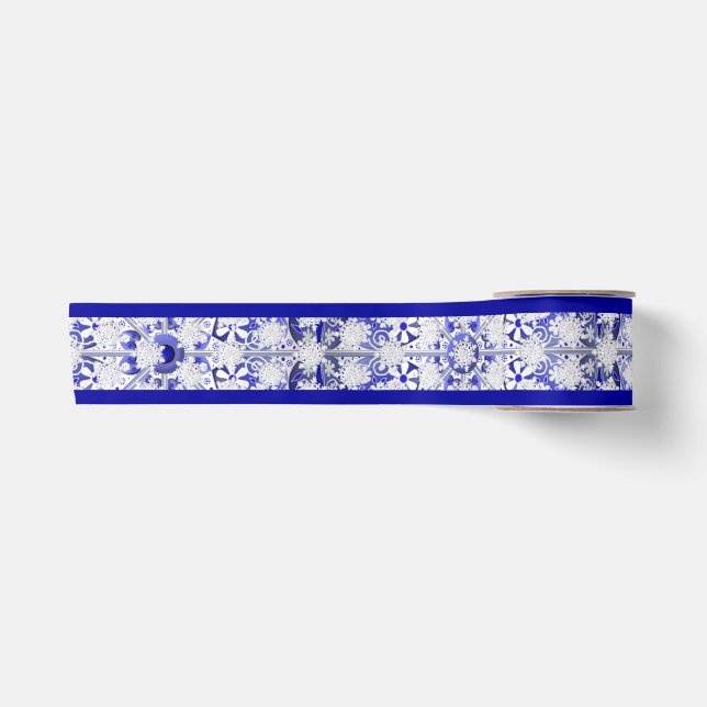 Ruban En Satin Dentelle en céramique Bleu de Grèce & flocon de ne (Devant)