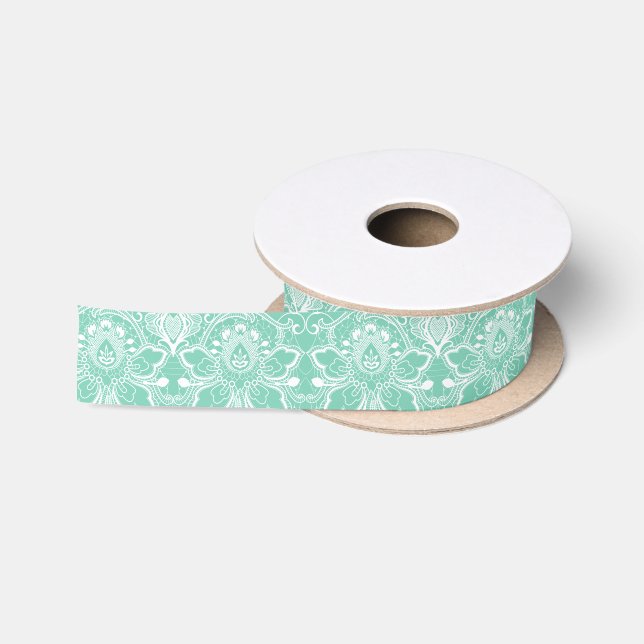 Ruban En Satin Dentelle Florale Fille Verte Et Blanche (Bobine)