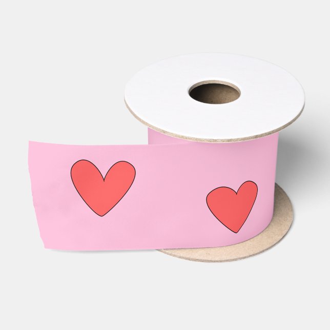 Ruban En Satin Dessins Coeurs Mignons Sur Rose (Bobine)