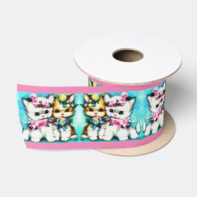 Ruban En Satin deux chatons et beaucoup de fleurs (Bobine)
