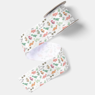 Ruban En Satin Dinosaures pastel sur fond blanc