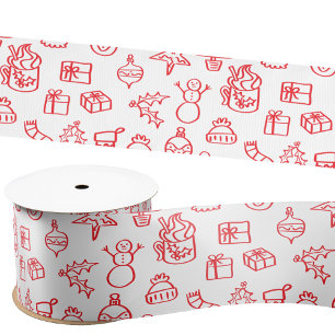Ruban En Satin Doodle de Vacances Rouge et Blanc