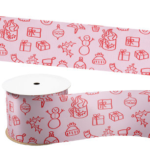 Ruban En Satin Doodle de Vacances Rouge et rose