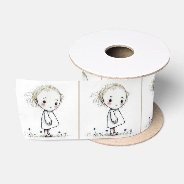 Ruban En Satin Doodle Whimsical Petite Fille En Fleur sauvage (Bobine)