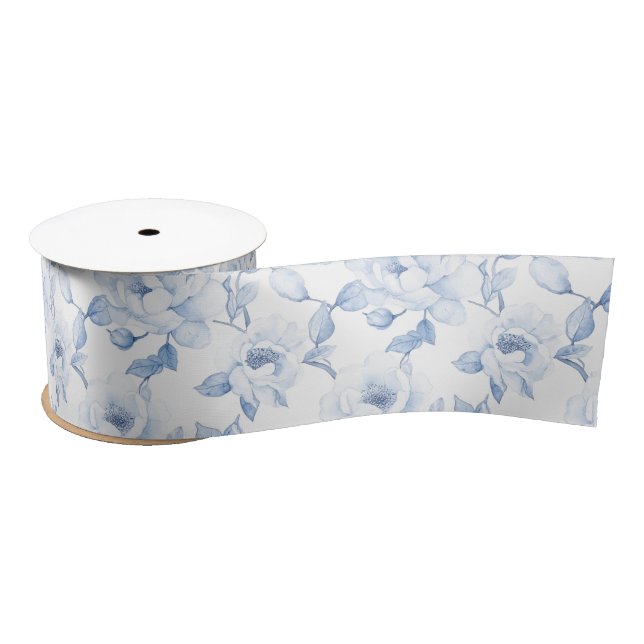 Ruban En Satin Douchette de mariage florale bleue blanche chic (Bobine)