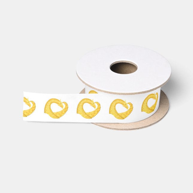Ruban En Satin Dragon de coeur jaune sur blanc (Bobine)