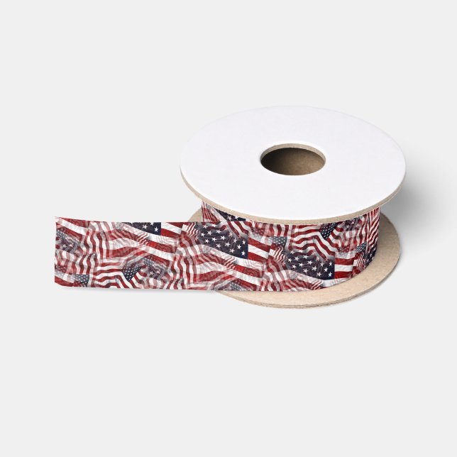 Ruban En Satin Drapeau américain Rouge Bleu Bleu Grilles Étoiles  (Bobine)