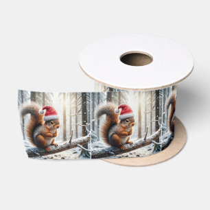 Ruban En Satin Écureuil de Noël sur la branche des arbres neigeux