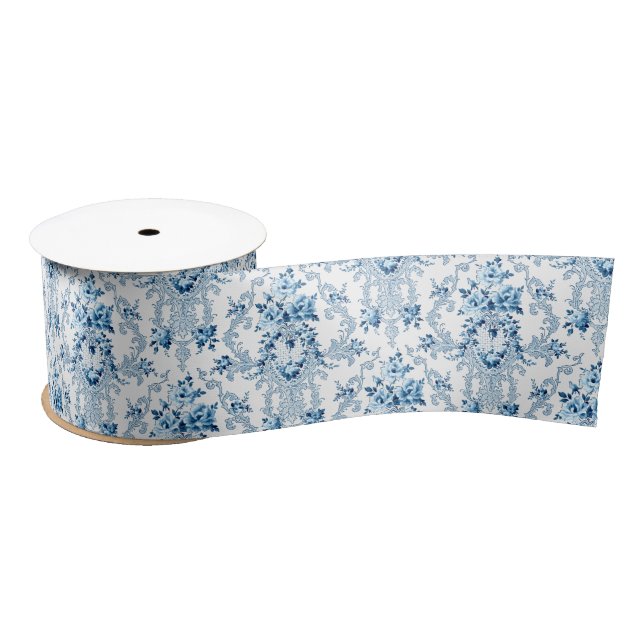 Ruban En Satin Elégant bleu et blanc Rococo Floral (Bobine)