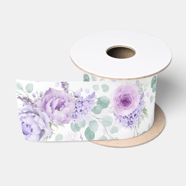 Ruban En Satin Élégant botanique floral pourpre poussiéreux (Bobine)