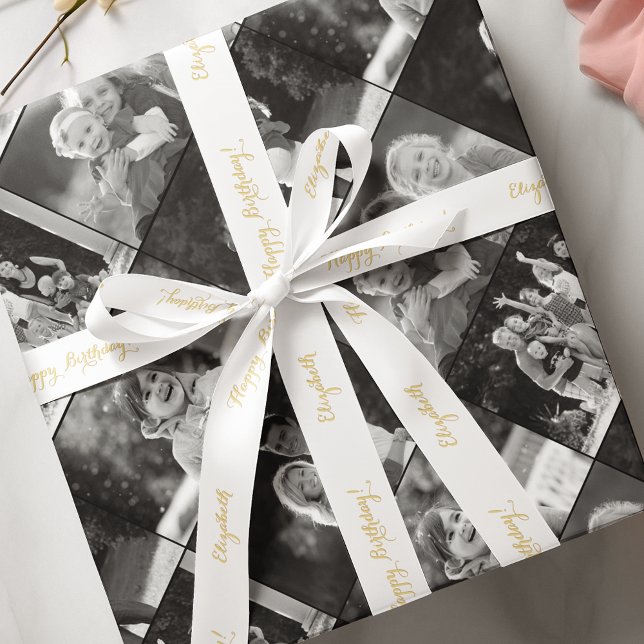 Ruban En Satin Elégant Faux Gold Joyeux Anniversaire Nom personna (Elegant Faux Gold Happy Birthday Custom Name White Satin Ribbon)