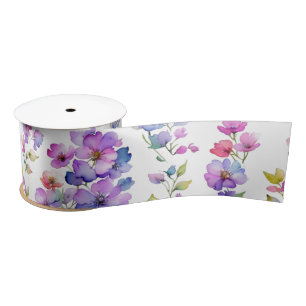 Ruban En Satin Élégant fleurs sauvages d'aquarelle rose violet