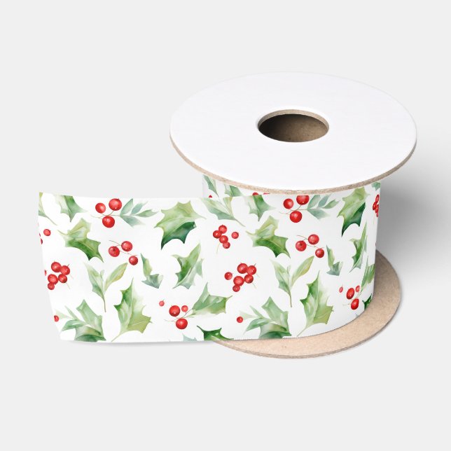 Ruban En Satin Elégant Green Holly Feuilles Berries rouges (Bobine)