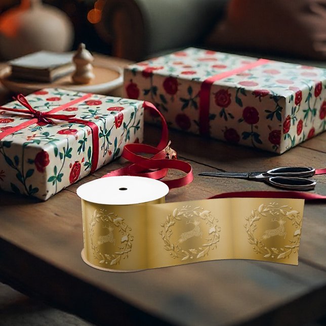 Ruban En Satin Elégant Luxe Golden Reindeer et Wreath Noël (Créateur téléchargé)