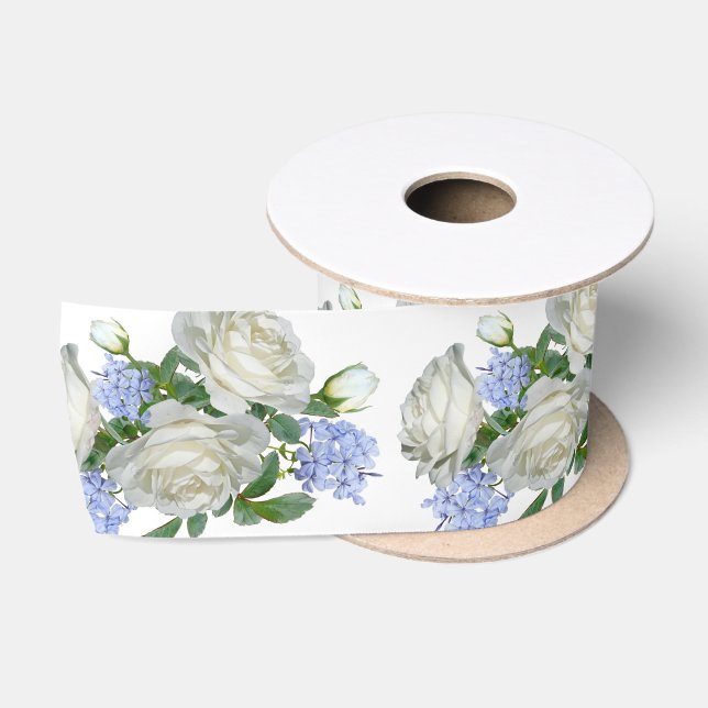 Ruban En Satin Élégant Modèle Floral Blanc Et Bleu (Bobine)