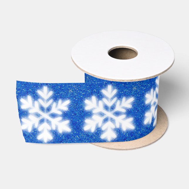 Ruban En Satin Élégant motif de flocon blanc bleu (Bobine)