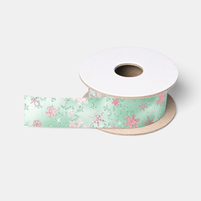 Ruban En Satin Élégant Motif de Noël vert rose (Bobine)