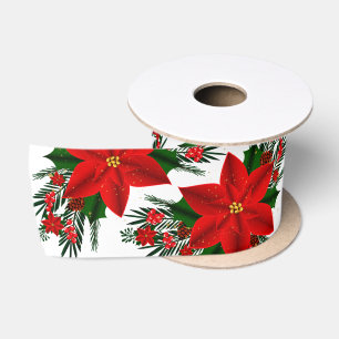 Ruban En Satin Élégant Rouge Floral Poinsettia Pine Feuilles