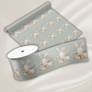 Ruban En Satin Elégant Sage Vert Aquarelle Lapin Lapin Lapin Bébé