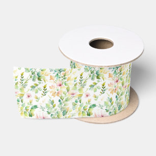Ruban En Satin Elégant vert fleurs sauvages d'aquarelle