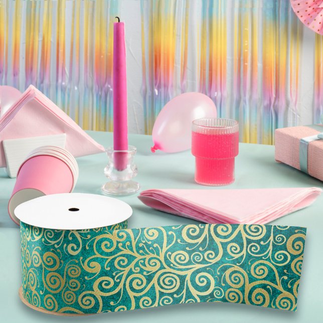 Ruban En Satin Elégant Vintage Motif   Boho Turquoise (Créateur téléchargé)