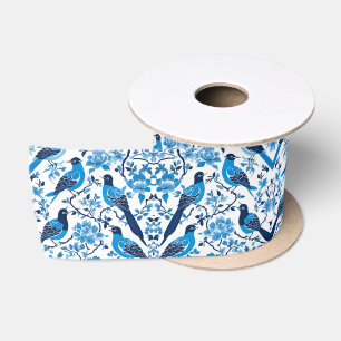 Ruban En Satin Elégante chinoiserie florale bleue pour une douche