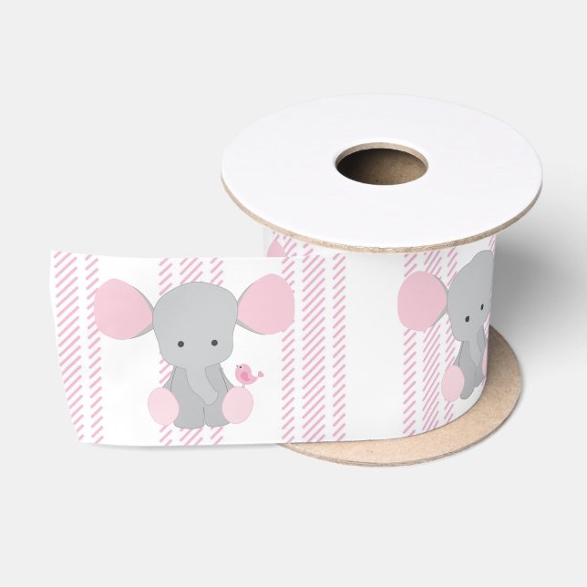 Ruban En Satin Éléphant rose w/Stripes de bébé infantile (Bobine)